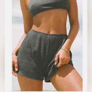 Joah Brown Ribbed Knit High-Waist Shorts in Charcoal Gray